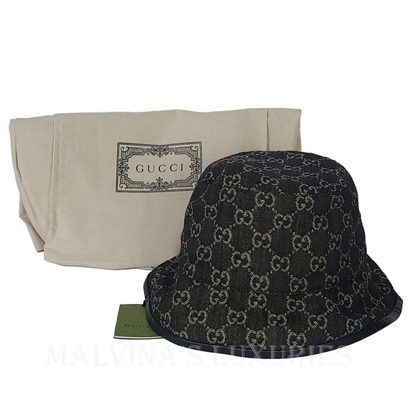 GUCCI HAT GG LOGO MONOGRAM JACQUARD BLACK w LEATHER TRIM BUCKET UNISEX - Picture 4 of 16